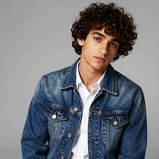 Photograph of a young man with curly black hair, wearing a blue denim jacket over a white shirt, against a plain gray background.
