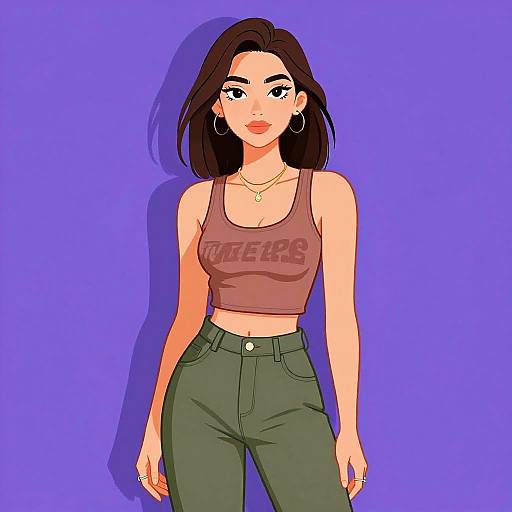 Digital illustration of a confident woman with medium brown skin, black hair, wearing a brown tank top, green high-waisted jeans, hoop earrings,