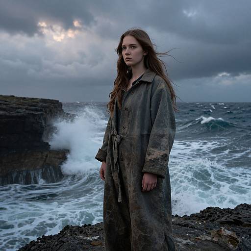 Photograph of a solemn young woman with long brown hair in a worn, dark green trench coat standing on rocky shoreline, waves crashing behind her under a