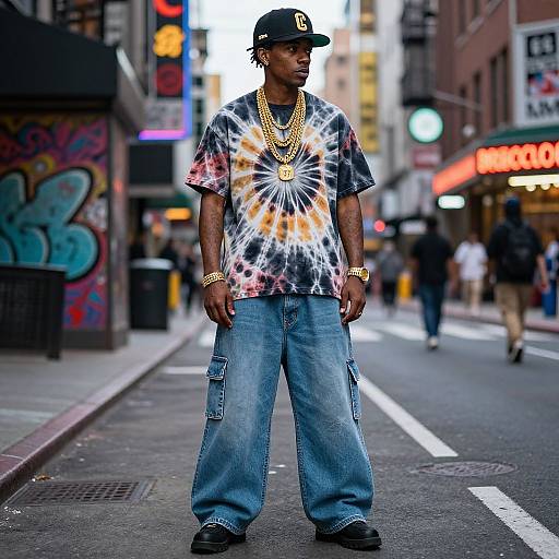 Photograph of a Black man standing on a city street, wearing a tie-dye shirt, blue baggy jeans, gold chains, and a black