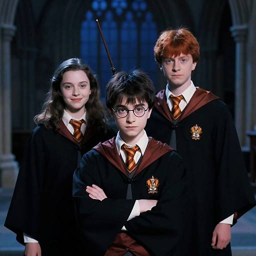 Mystical Trio in Hogwarts Attire