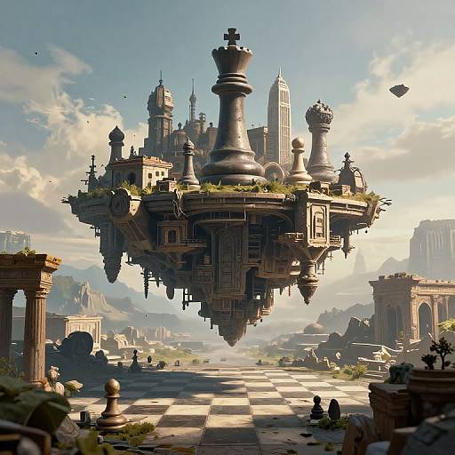 Digital artwork of a floating chess piece castle with intricate architecture, surrounded by ancient ruins and a checkered stone path under a bright, cloudy sky.