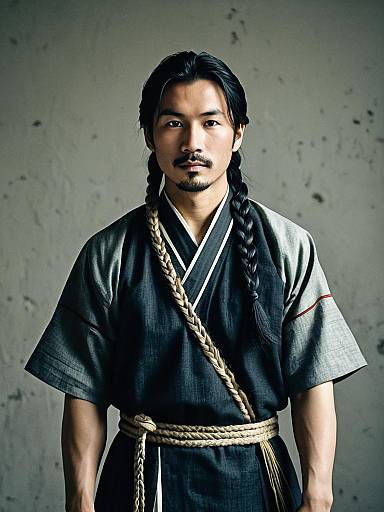 Asian Man in Traditional Korean Freedom Fighter Dress