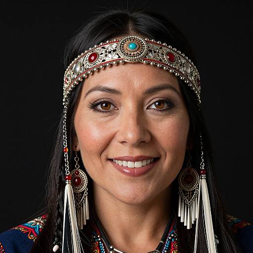 Photograph of a smiling South Asian woman with dark hair, wearing an ornate silver headpiece, turquoise and red jewelry, and a colorful patterned