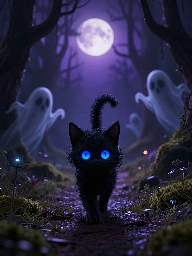 Spooky Stylized Cat in Haunted Forest