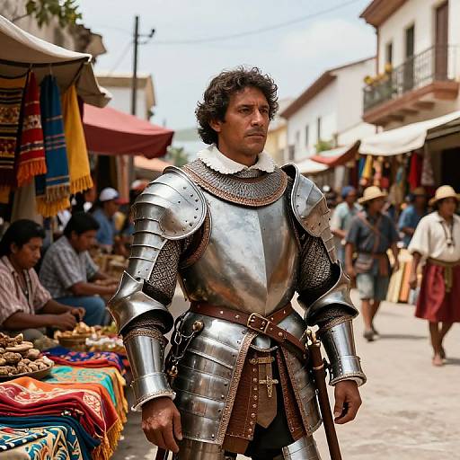 Photograph of a dark-haired man in medieval silver armor standing in a vibrant, sunlit market street with colorful fabrics and people.