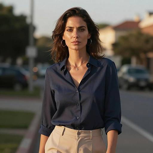Mature Woman in Navy Blouse at Dusk
