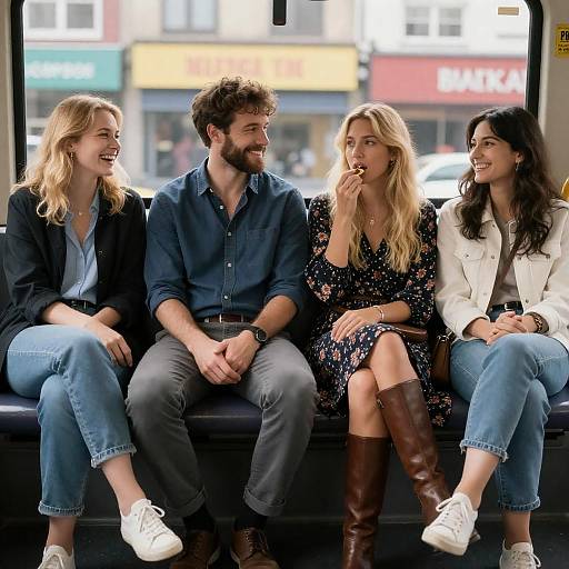 Joyful Moments on a City Bus Bench