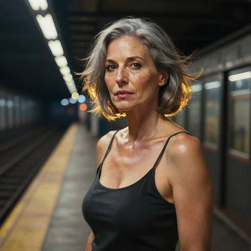 Photograph of a middle-aged woman with short, gray hair, wearing a black tank top, standing in a dimly lit subway station with illuminated tracks