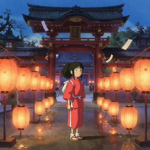 Girl in Crimson Happi Coat at Ancient Shrine Courtyard
