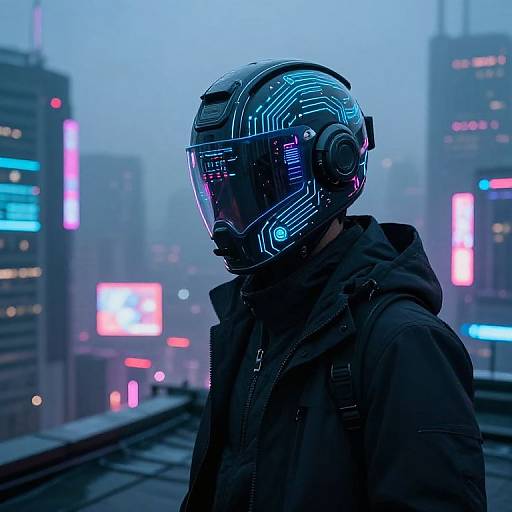 Futuristic Cyberpunk Helmet on Neon Rooftop