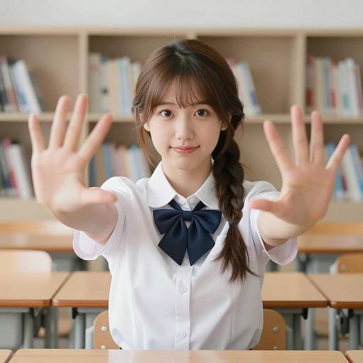 Japanese Schoolgirl Reaching Out in Classroom