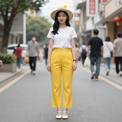 Photograph of an Asian woman in a white hat, white t-shirt, and yellow high-waisted pants, standing on a busy urban street.