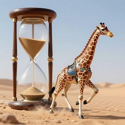 Photograph of a detailed, decorated giraffe figurine walking beside a wooden hourglass on a sandy desert, under a clear blue sky.
