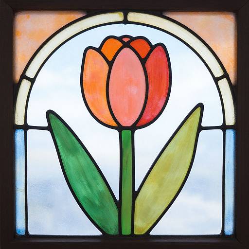 Stained glass window depicting a vibrant orange-red tulip with green leaves, set against a white circular background and bordered by black outlines.