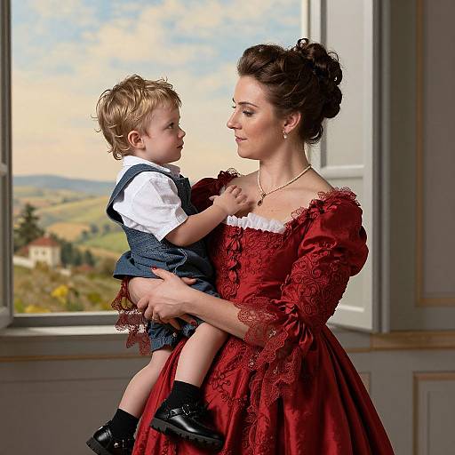 Photograph of a brunette woman in an ornate red dress holding a blonde boy in a white shirt and blue vest, standing by a window with a