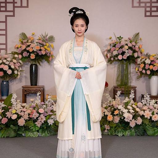 Digital art of an elegant Asian woman in traditional white hanbok with green belt, black hair up, standing before floral arrangements.