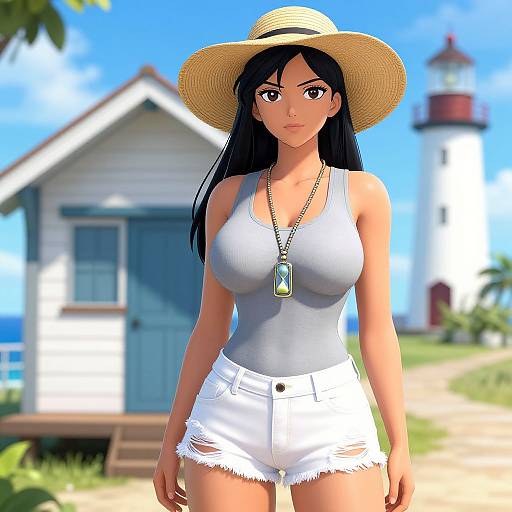 Digital anime-style drawing of a curvy woman with long black hair, wearing a white tank top, white shorts, straw hat, and necklace, standing