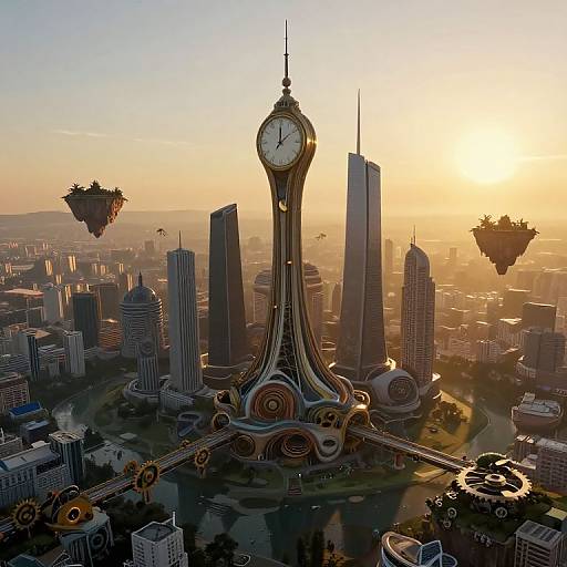 Photorealistic digital artwork of a futuristic cityscape at sunset, featuring a tall clock tower with floating islands in the background.