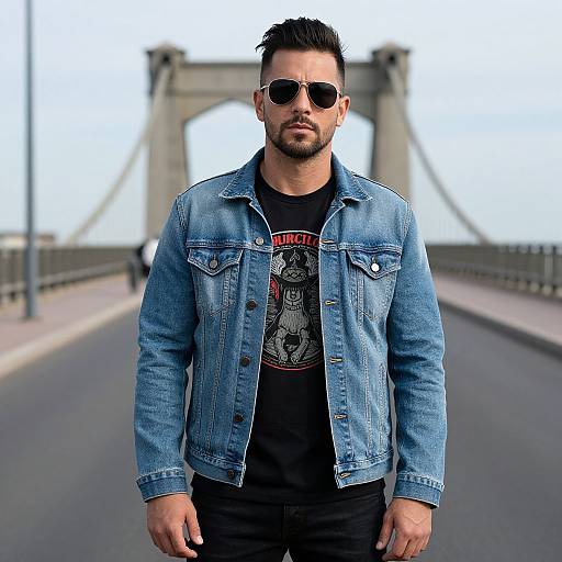 Photograph of a bearded man with short black hair, wearing aviator sunglasses, a denim jacket, and a graphic t-shirt, standing on a