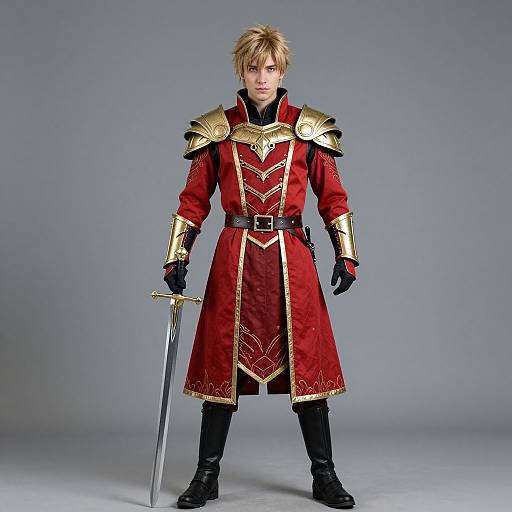 Photograph of a blonde, young man in red and gold medieval-style armor, holding a sword, standing against a gray background.