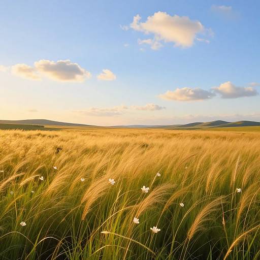 Sunlit golden grass field with white wildflowers under a bright blue sky with scattered clouds, stretching to distant hills. Photograph.