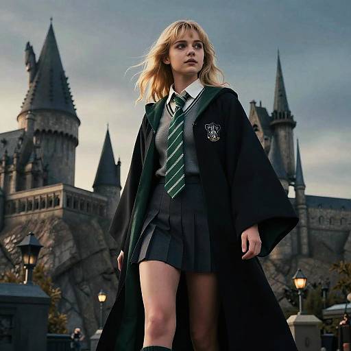 Photograph of a blonde, fair-skinned young woman in a Hogwarts school uniform standing confidently in front of Hogwarts Castle. She wears a green tie,