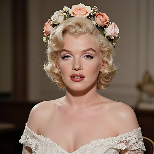 Photograph of a blonde woman with vintage curls, wearing a floral crown, off-shoulder white lace dress, and pink lipstick, in a dim