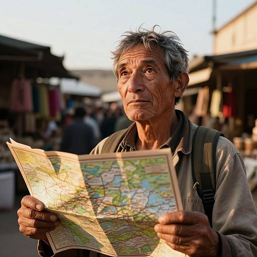 Photograph of an elderly, weathered man with grey hair, holding a detailed map, standing in a sunlit, bustling market.