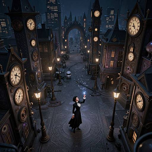 Steampunk cityscape at night with a dark-cloaked woman casting a blue magical glow, surrounded by ornate clock towers and lit lampp