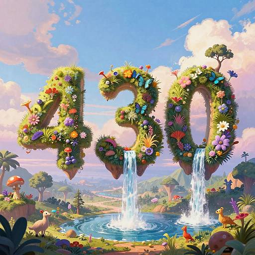 Digital illustration of vibrant, flower-covered numbers 