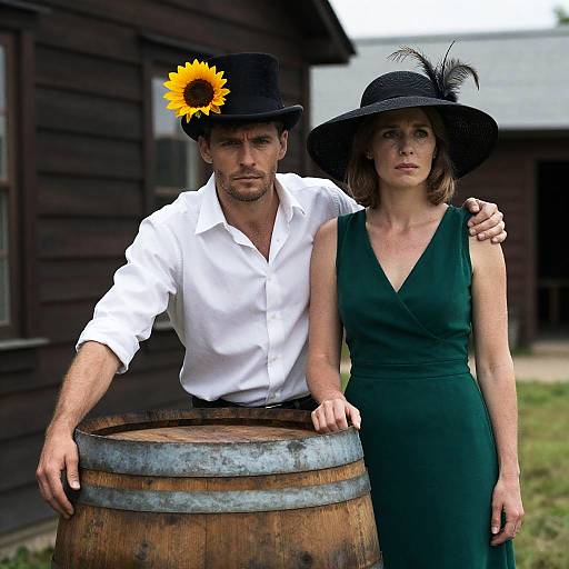 Elegant Couple by Wooden Building
