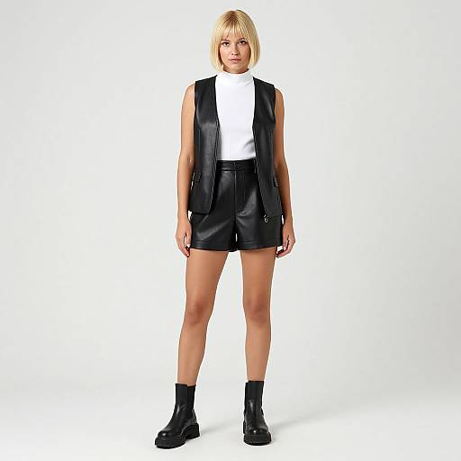 Photograph of a blonde woman with a bob haircut, wearing a white top, black leather vest, shorts, and ankle boots, standing against a plain
