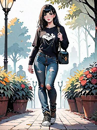 Woman in Casual Streetwear Walking in Park