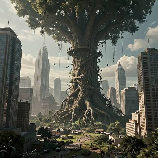 Digital artwork: Giant tree with sprawling roots and vines dominates a modern city skyline, skyscrapers surrounding it, small people and cars below. Sunlit