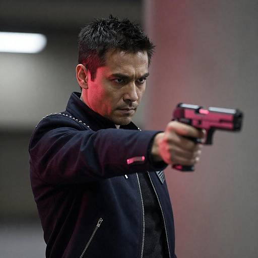 Man aiming handgun with intense expression