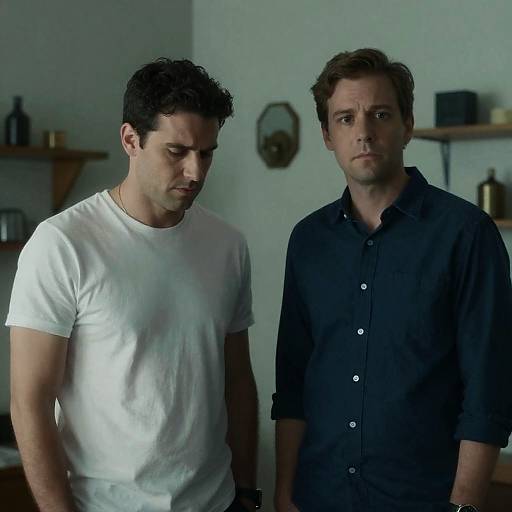 Photograph of two men standing in a dimly lit room; left man in white t-shirt, right man in black shirt, both looking serious.