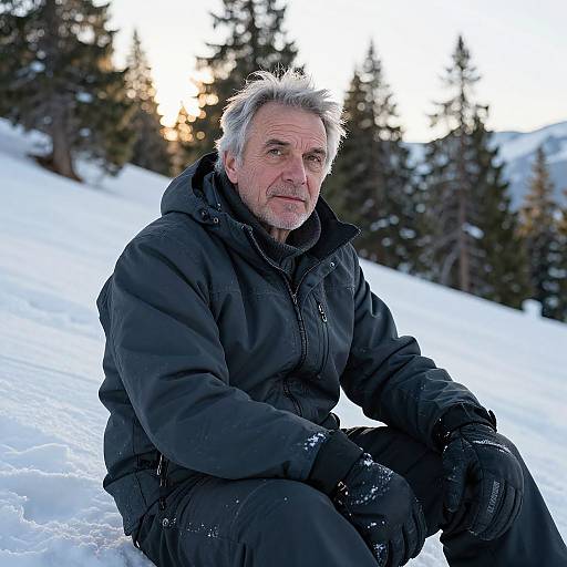 Rugged Man on Snowy Mountain Slope