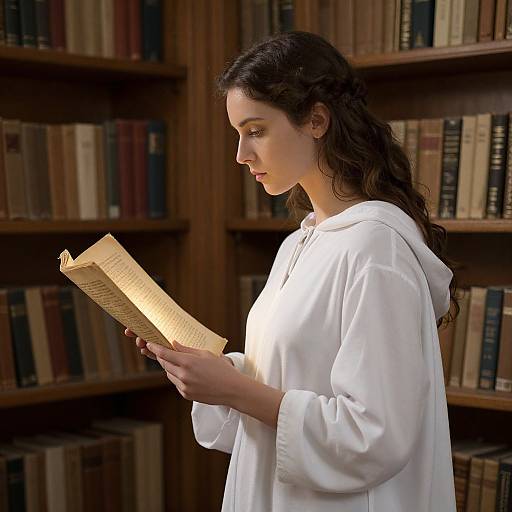 Photograph of a young woman with long dark hair, wearing a white loose blouse, reading a book in a dimly lit library with wooden booksh