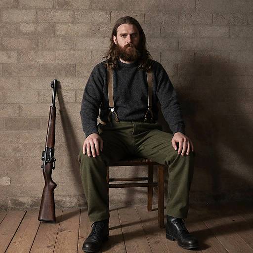 Man Sitting with Rifle Against Brick Wall