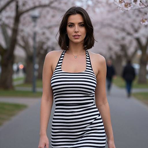 Photograph of a brunette woman with shoulder-length hair, wearing a black and white striped halter dress, standing on a blurred park path with cherry blossom