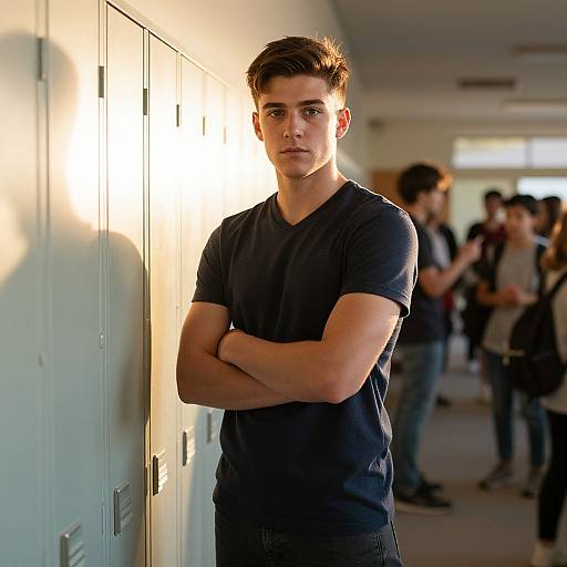 Photograph of a young man with short brown hair, wearing a black V-neck t-shirt, standing with arms crossed against white lockers, sunlight illumin