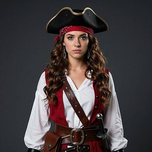 Photograph of a woman with long brown curls, wearing a black tricorn hat, red bandana, white shirt, red vest, and brown belt