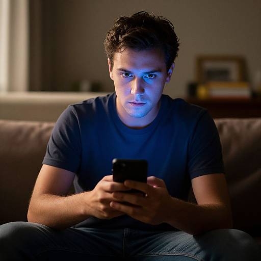 Man Using Phone in Sunny Living Room
