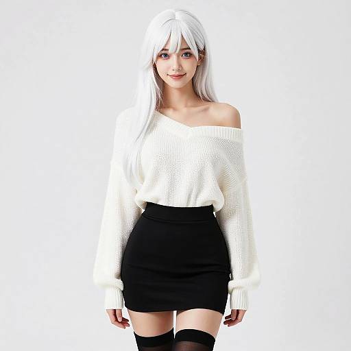 Digital portrait of a young woman with white hair, wearing an off-shoulder white sweater, black skirt, and thigh-high black socks, against a