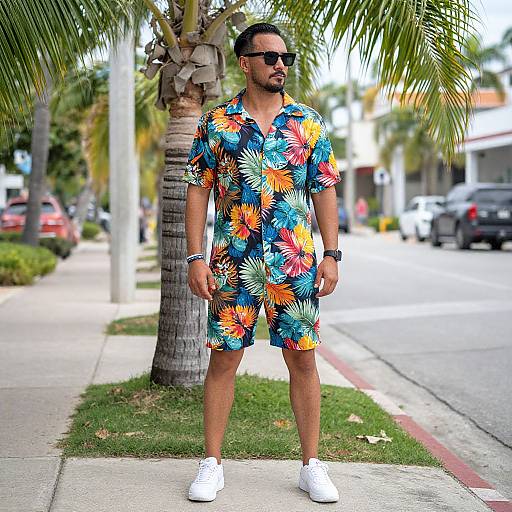 Photograph of a bearded man in a colorful floral shirt and shorts, black sunglasses, white sneakers, standing on a sunny sidewalk. Palm trees and