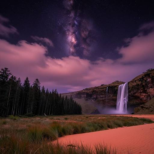 Photograph of a mesmerizing night landscape with a glowing Milky Way, waterfall, dense forest, and red-lit sand dunes under a starry