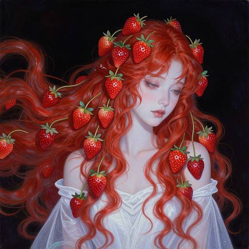 Digital painting of a pale-skinned, red-haired woman with wavy hair adorned with strawberries, wearing a white off-shoulder dress, against a