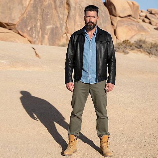 Photograph of a bearded man with dark hair, wearing a black leather jacket, light blue shirt, olive pants, and brown boots, standing in