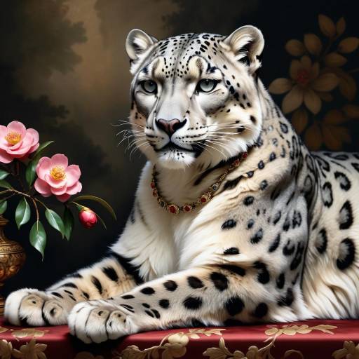 Regal Snow Leopard Among Camellias